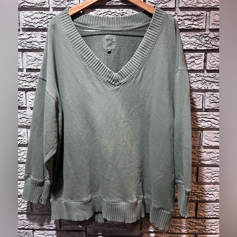 Aerie green distressed V-Neck Sweater